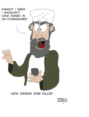 رسم كاريكاتوري لـ"سارين اخارجاليان" تتهكم فيه على طريقة التي تم العثور على بن لادن